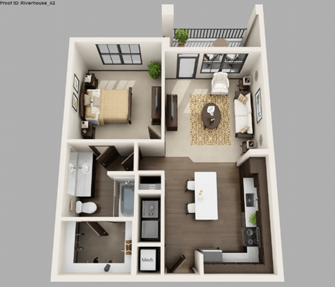Floor plan for 1 bed, 1 bath, 740 sqft